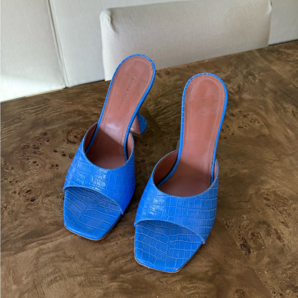 Blue Croc-Embossed Square-Toe Slide Heels - Picture 2 of 4